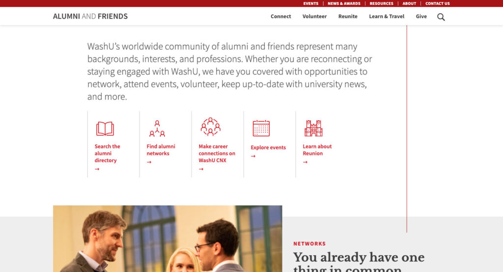 Example image of a row of red icons used as links on the Alumni and Friends website