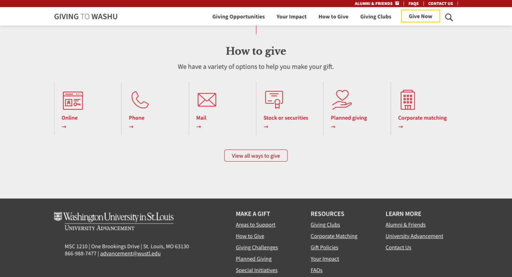 Example image of a row of red icons used as links on the Giving to WashU website